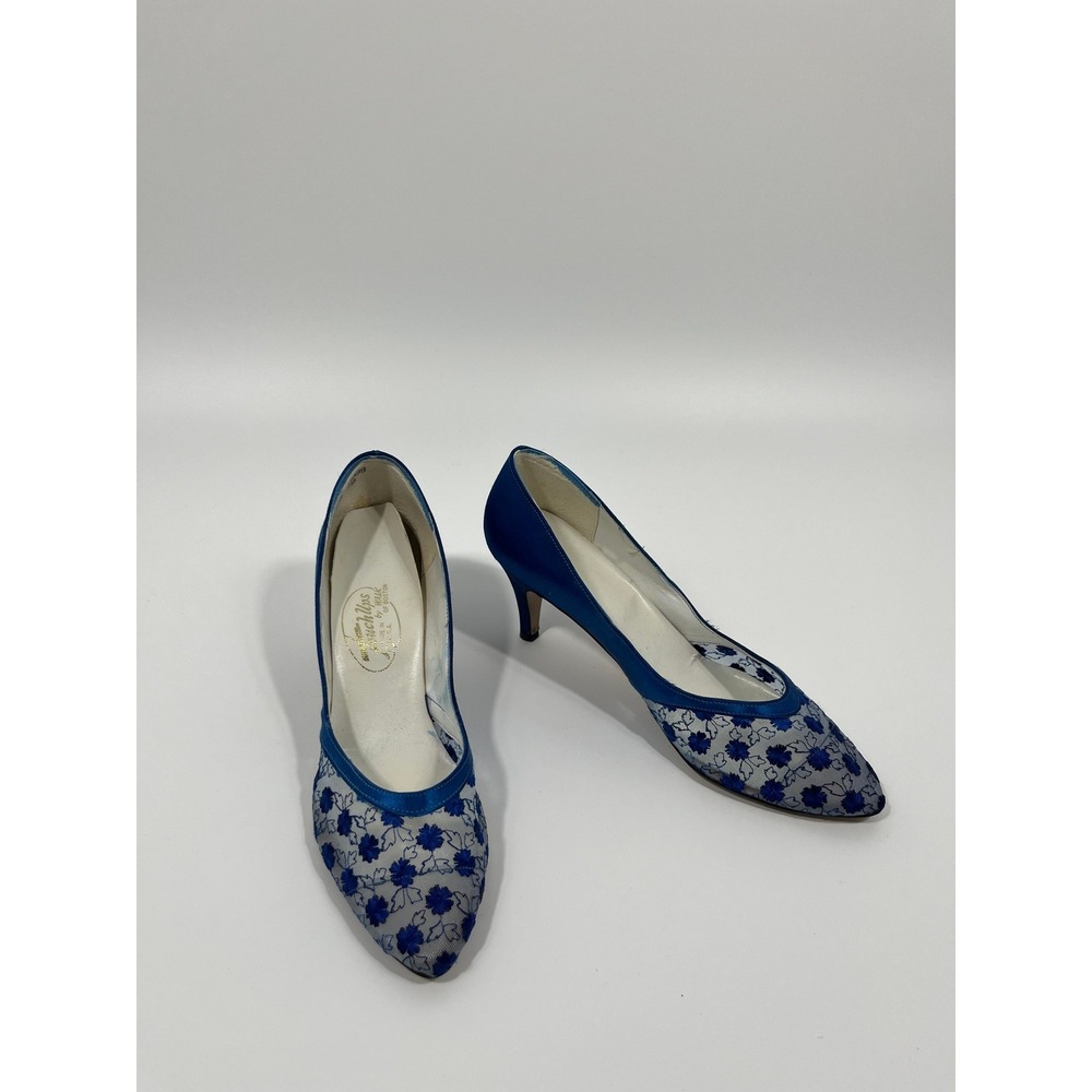 Vintage Womens 10 Heels Blue Mesh Sheer Floral Wedding Guest Chic Quiet Luxury